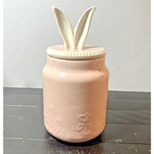 Pink Ceramic Bunny Ear Canister Embossed Floral Easter Cookie Jar Whimsical